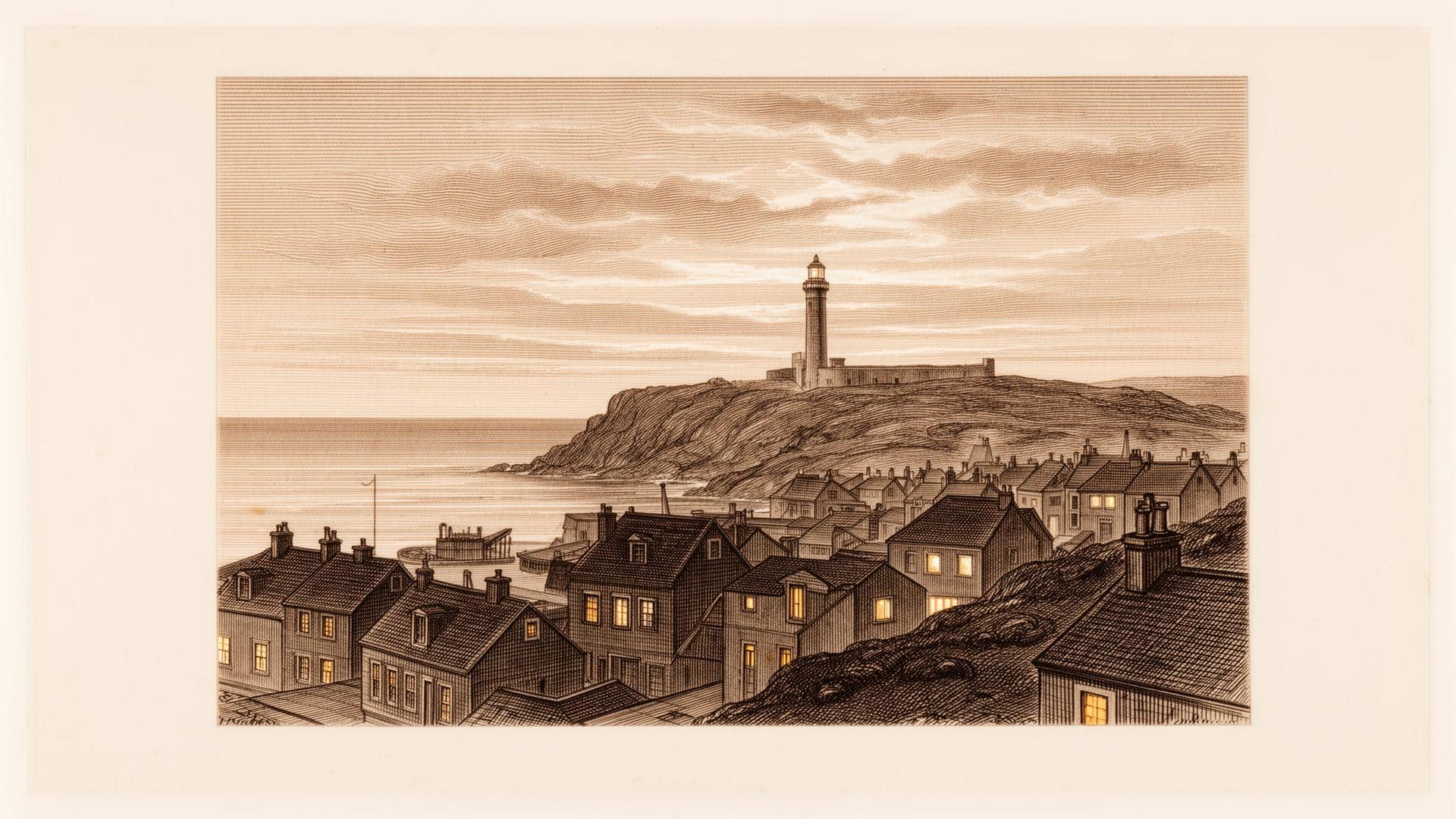 A coastal town at dusk beneath a tall lighthouse with small lights in the homes